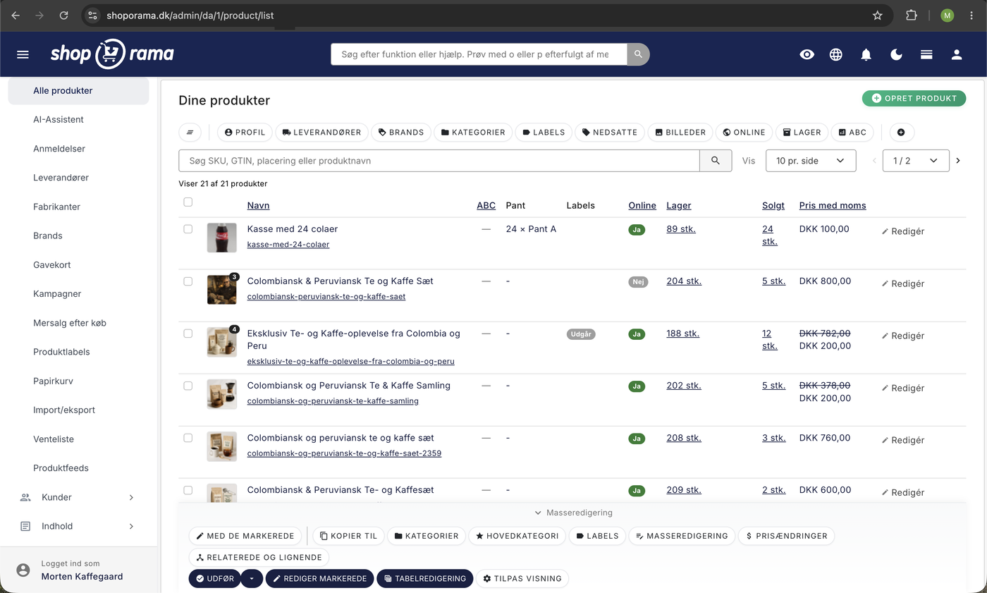 Produktoversigten i Shoporama-admin med kolonnerne Navn, Lager, Solgt, og Pris med moms samt filterknapper og søgefelt over produktlisten.