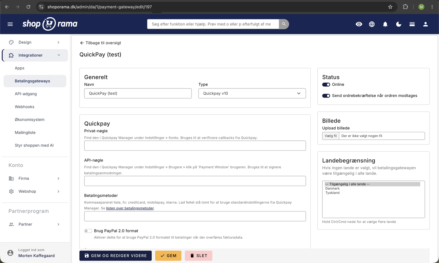 QuickPay-betalingsgateway i Shoporama-admin med felter for privat-nøgle, API-nøgle, og betalingsmetoder samt status, billede, og landebegrænsning