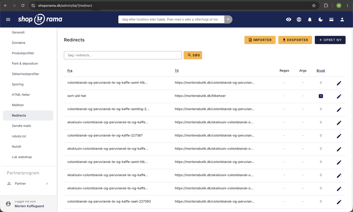 Redirects-oversigten i Shoporama-admin med kolonnerne Fra, Til, Regex, Args, og Brugt samt knapper til import, eksport, og opret ny