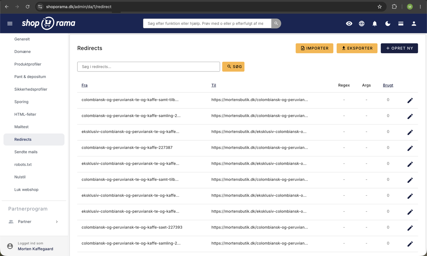 Redirects-oversigt under webshop-indstillinger med kolonnerne Fra, Til, Regex, Args, og Brugt samt knapper til import, eksport, og oprettelse.