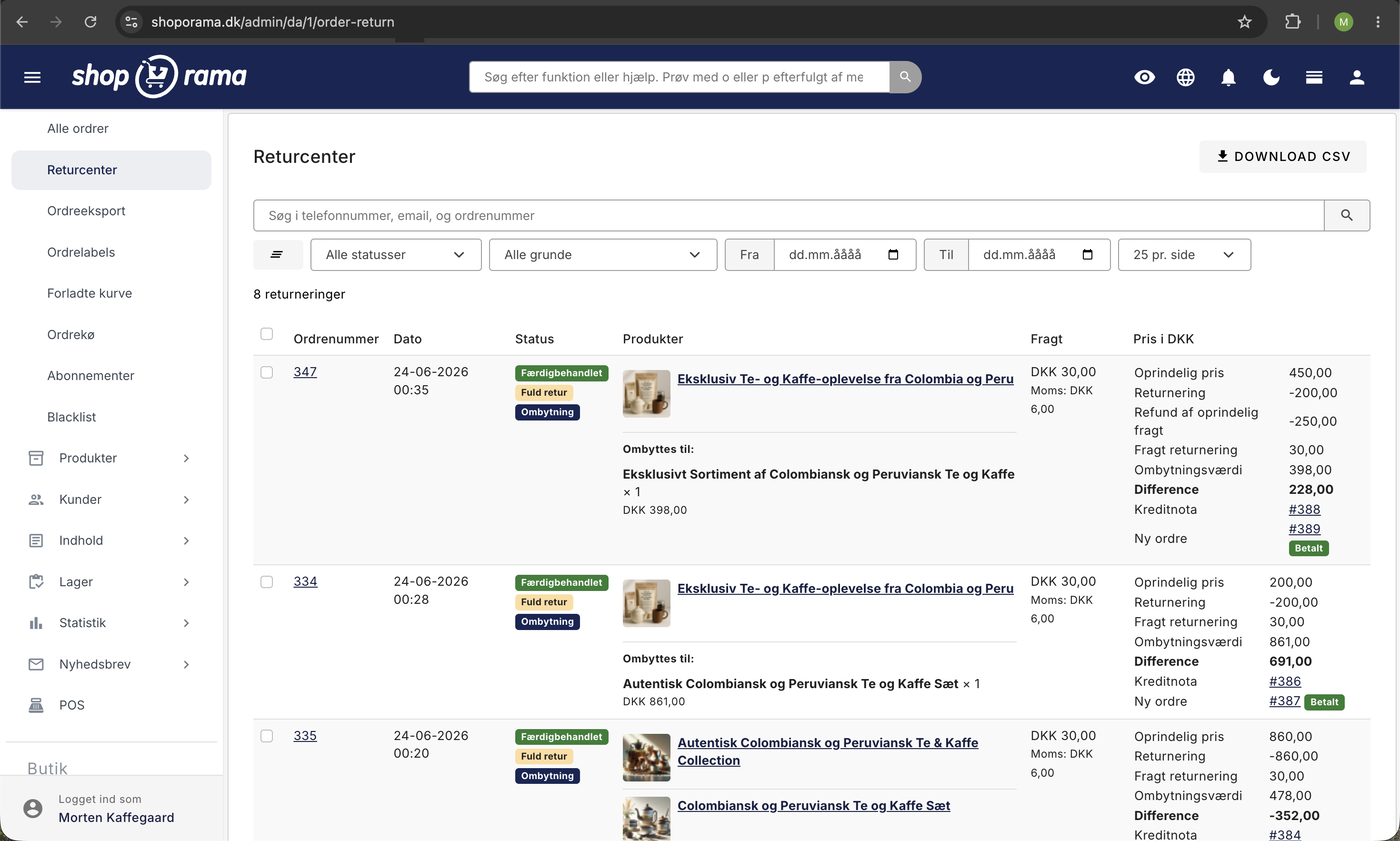 Returcenter med liste over otte returneringer, hver med status, produkter, fragt, kreditnotanumre, og prisdifferencer i DKK.