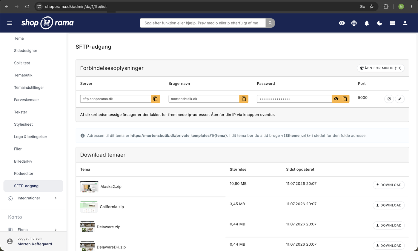 SFTP-adgang i admin med forbindelsesoplysninger, notifikation om lukkede IP-adresser, og liste over temaer til download