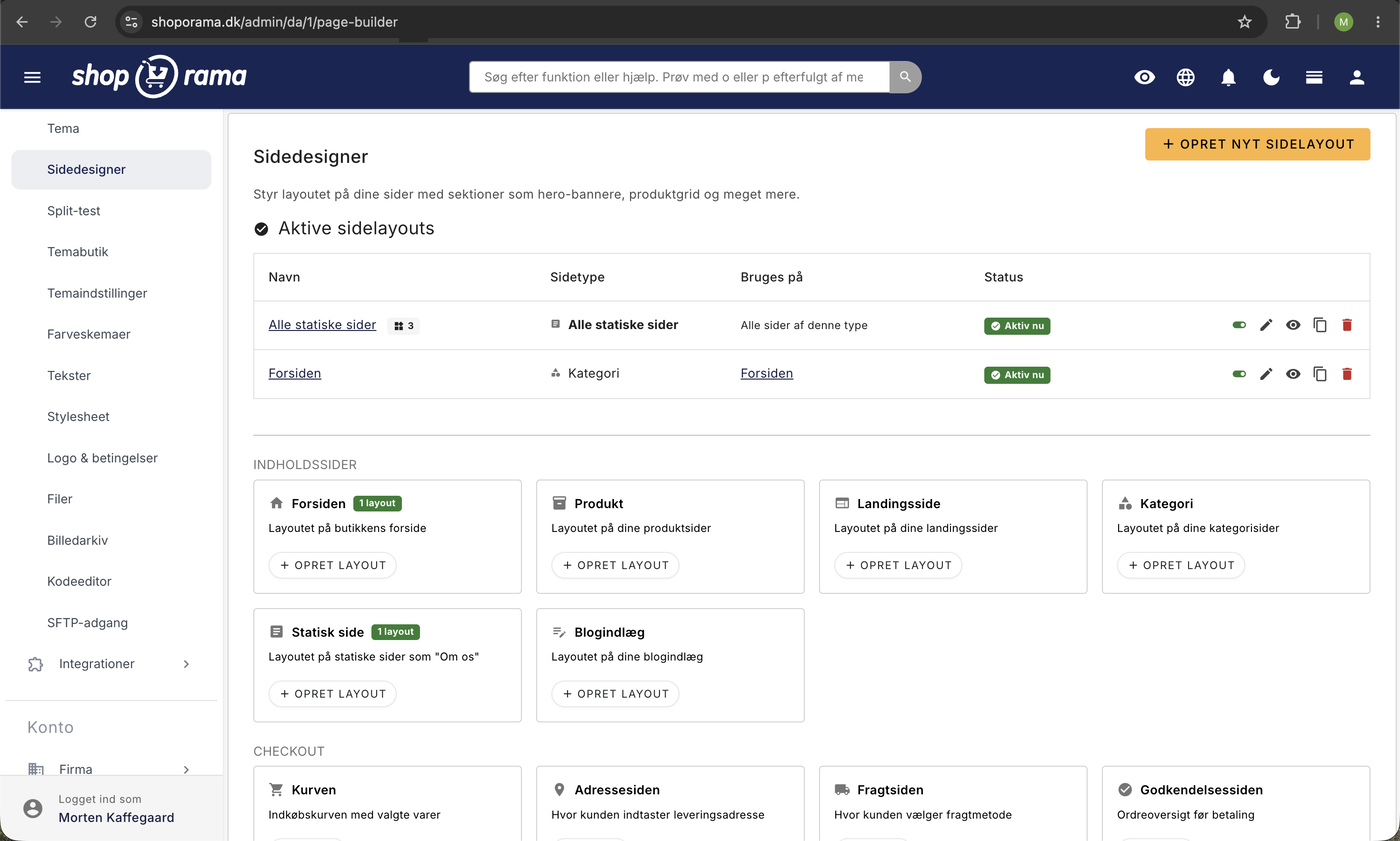 Sidedesigner i Shoporama-admin med aktive sidelayouts, hvor Forsiden er et kategori-layout, samt kort til indholdssider og checkout.