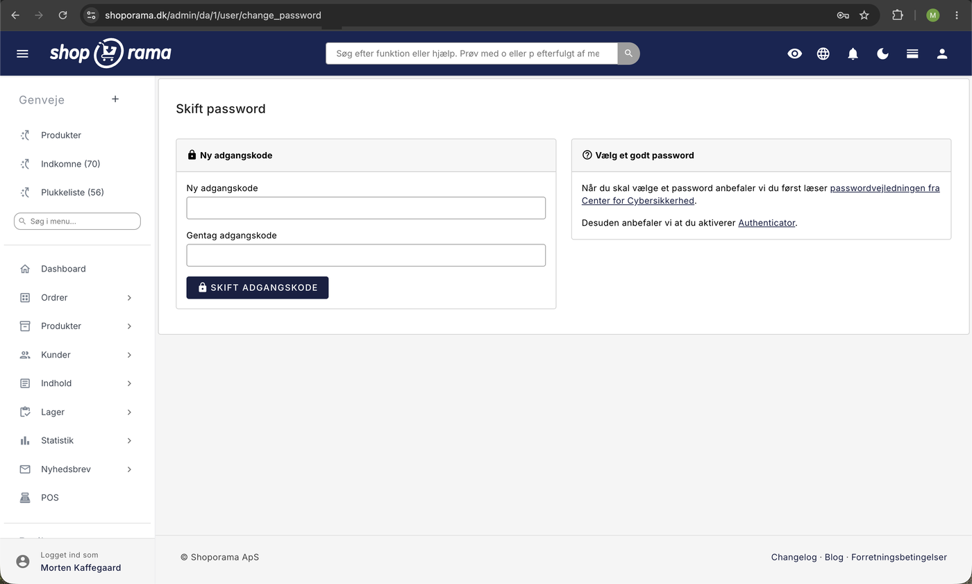 Siden Skift password i Shoporama admin med felterne Ny adgangskode og Gentag adgangskode og knappen Skift adgangskode