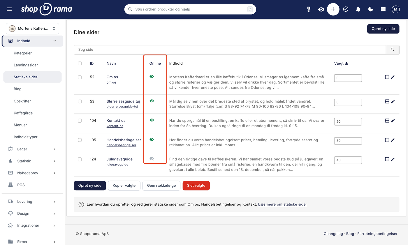 Listen Dine sider under Indhold → Statiske sider i Shoporama-admin med kolonnerne ID, Navn, Online, Indhold, og Vægt. Siderne Om os, Størrelsesguide tøj, Kontakt os, og Handelsbetingelser har et grønt øje i kolonnen Online, mens Julegaveguide har et gråt, overstreget øje. Kolonnen Online er markeret med en rød ramme. Nederst ses knapperne Opret ny side, Kopier valgte, Gem rækkefølge, og Slet valgte.