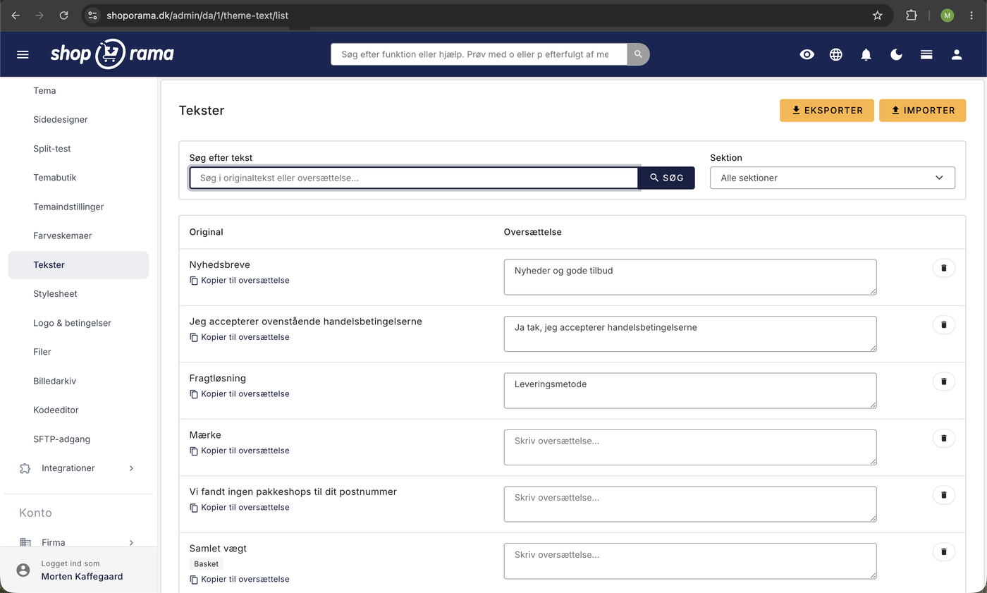 Shoporamas Tekster-side med originaltekst til venstre og oversaettelsesfelt til hoejre, samt soegefelt, sektionsfilter, og Eksporter- og Importer-knapper