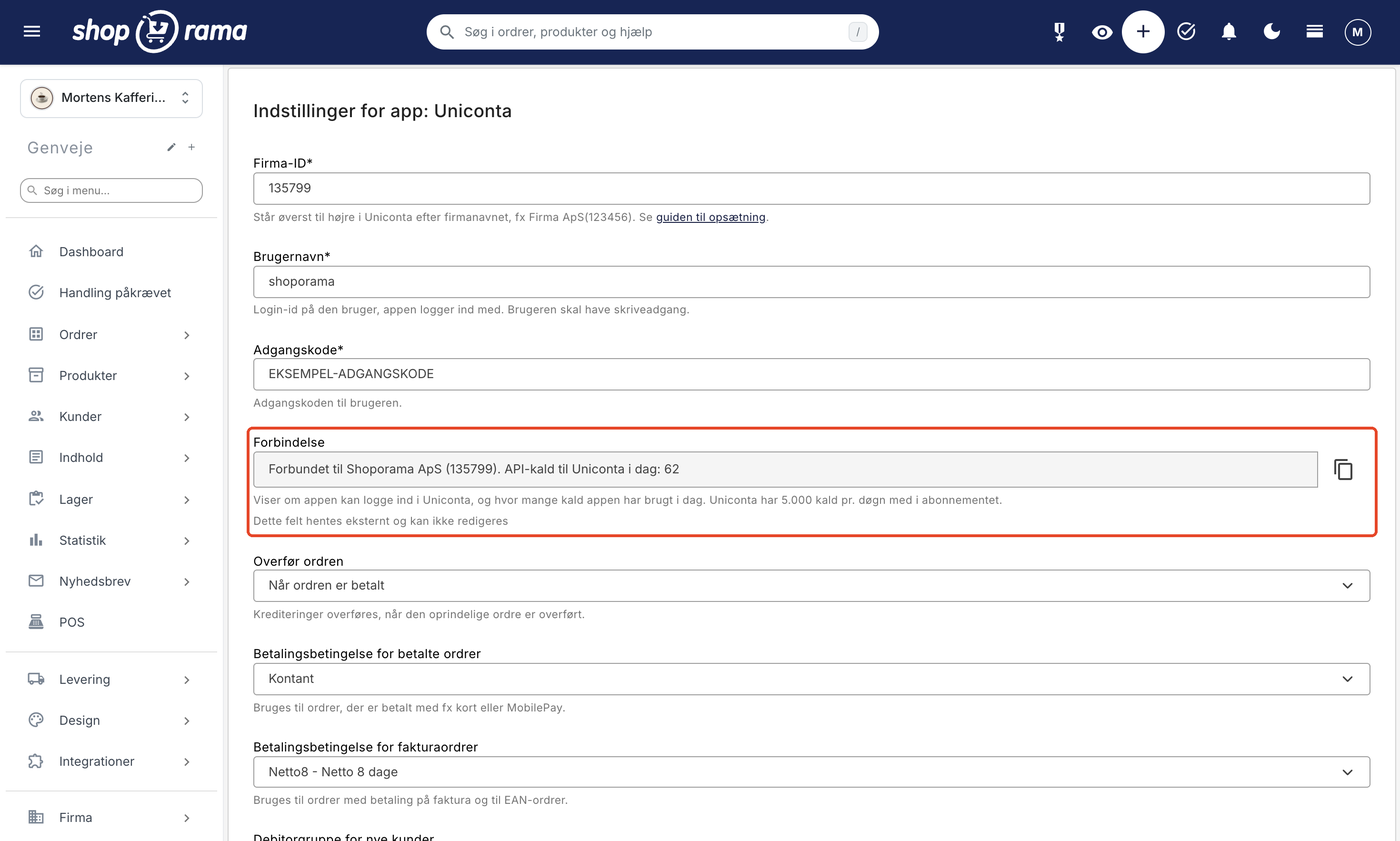 Indstillinger for app: Uniconta med felterne Firma-ID, Brugernavn, og Adgangskode udfyldt. Feltet Forbindelse er markeret og viser Forbundet til Shoporama ApS (135799) og antallet af API-kald til Uniconta i dag.