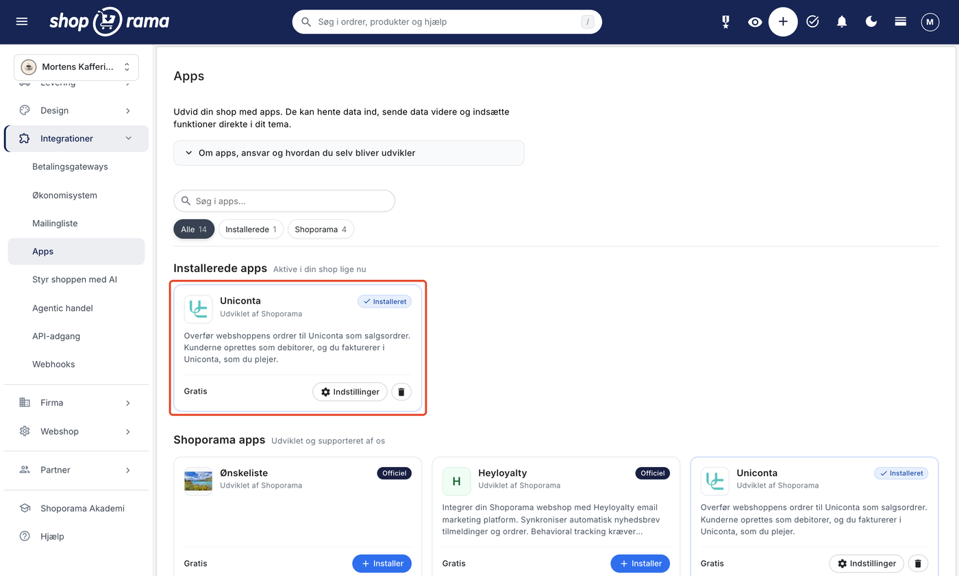 Siden Apps i Shoporama under Integrationer. Under Installerede apps er kortet Uniconta markeret med teksten Udviklet af Shoporama, prisen Gratis, og knappen Indstillinger.