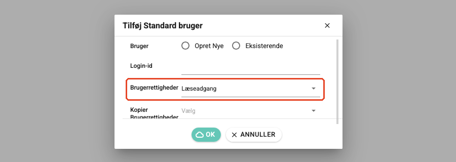 Dialogen Tilføj Standard bruger i Uniconta med felterne Bruger, Login-id, og Brugerrettigheder. Feltet Brugerrettigheder står på Læseadgang og er markeret.