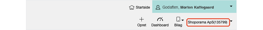 Øverste højre hjørne i Uniconta med knapperne Opret, Dashboard, og Bilag. Firmanavnet Shoporama ApS med firma-ID'et 135799 i parentes er markeret.