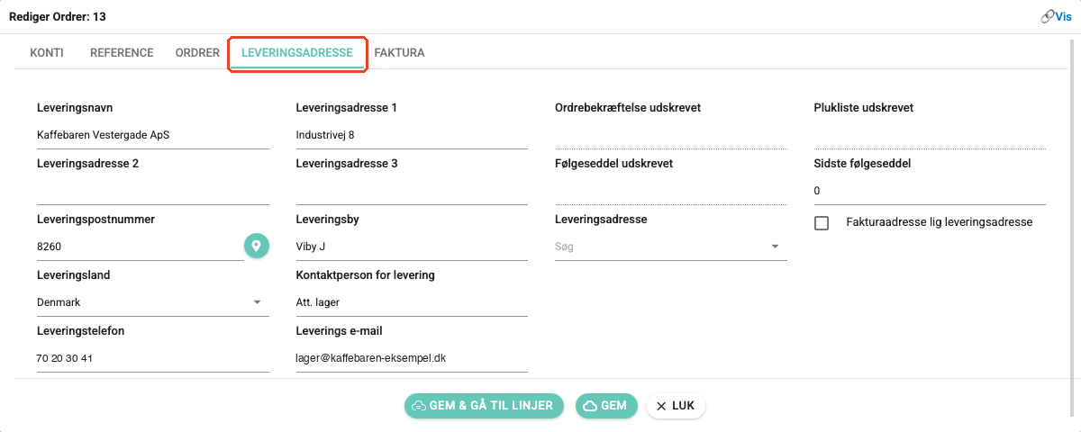 Dialogen Rediger Ordrer i Uniconta på fanen Leveringsadresse, som er markeret. Felterne viser leveringsnavn, adresse, postnummer, by, land, kontaktperson, telefon, og e-mail fra webshop-ordren.