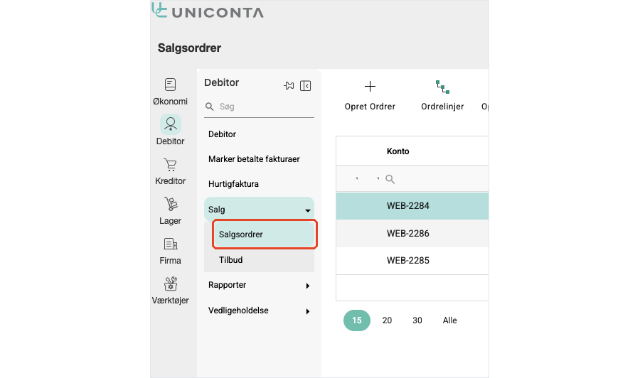 Debitor-menuen i Uniconta med Salg foldet ud og menupunktet Salgsordrer markeret.
