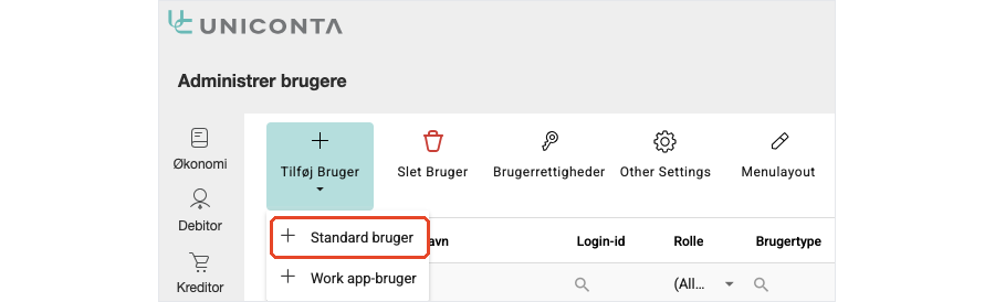 Siden Administrer brugere i Uniconta med menuen under knappen Tilføj Bruger foldet ud. Menupunktet Standard bruger er markeret, under det står Work app-bruger.