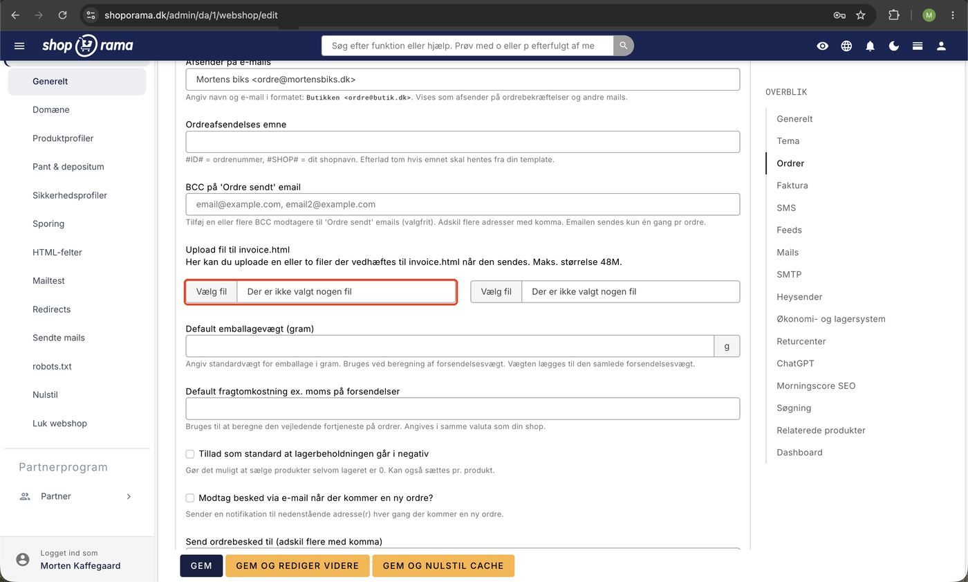 Webshop-indstillinger under Ordrer med feltet Upload fil til invoice.html og to Vælg fil-knapper til at vedhæfte PDF, maks. 48 MB