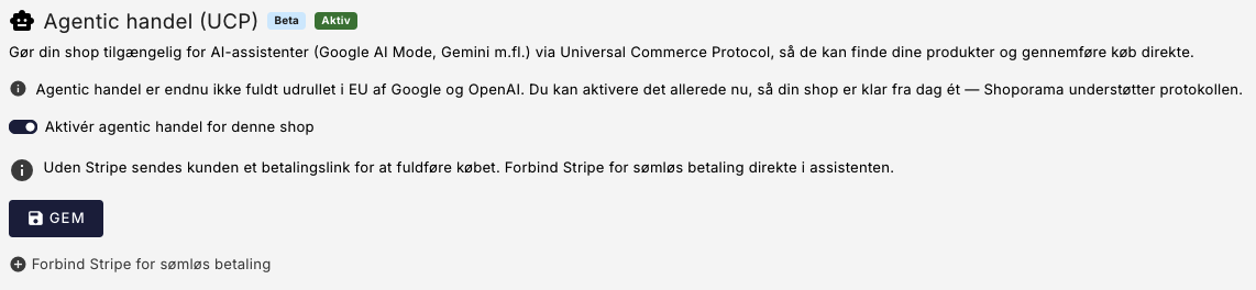 Aktivering af agentic handel (UCP) i Shoporama-administrationen med til/fra-knap og betalingsvalg