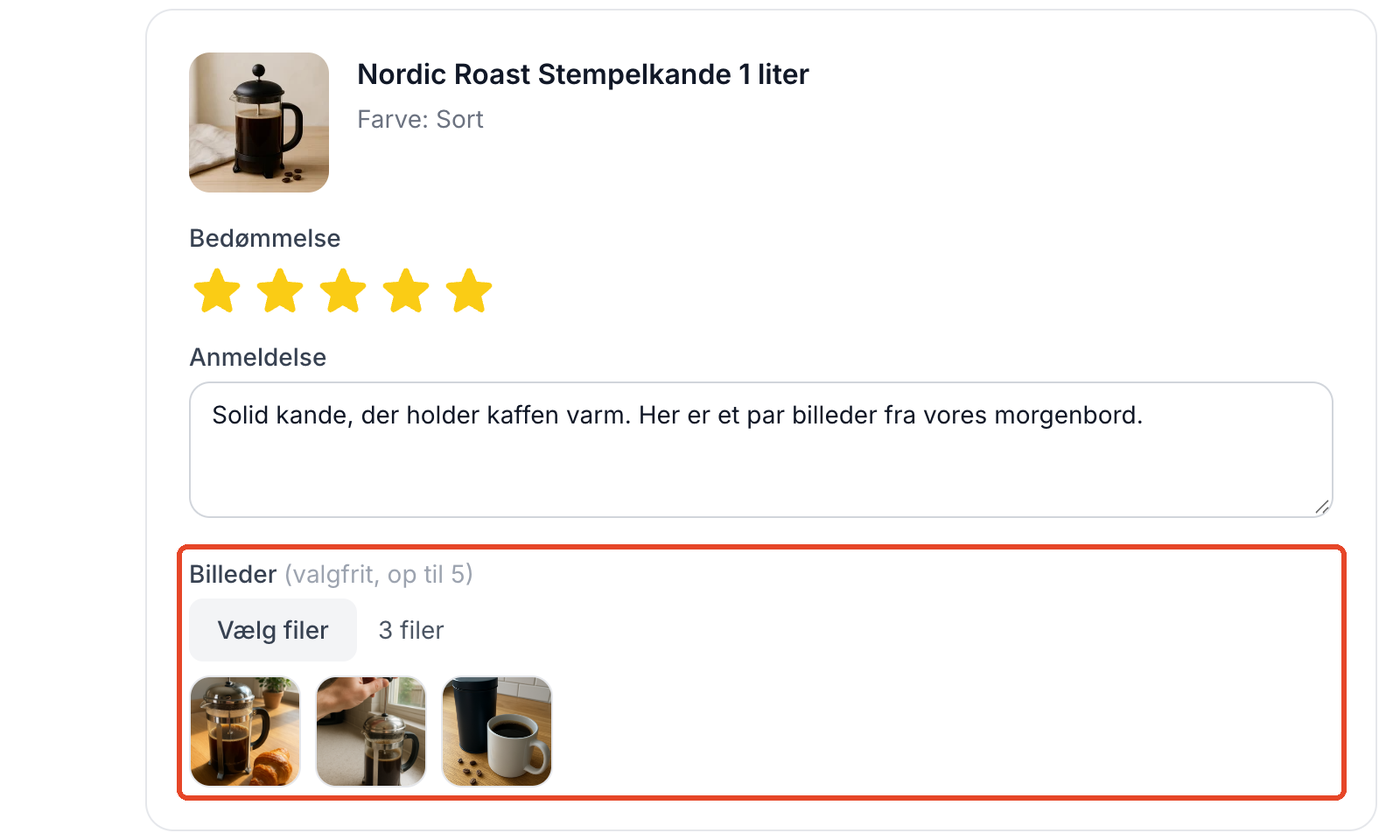 Anmeldelsessiden i webshoppen med temaet Montana. Under produktet Nordic Roast Stempelkande 1 liter har kunden givet fem stjerner og skrevet en anmeldelse, og feltet Billeder (valgfrit, op til 5) viser tre små forhåndsbilleder af stempelkanden og en kaffekop.