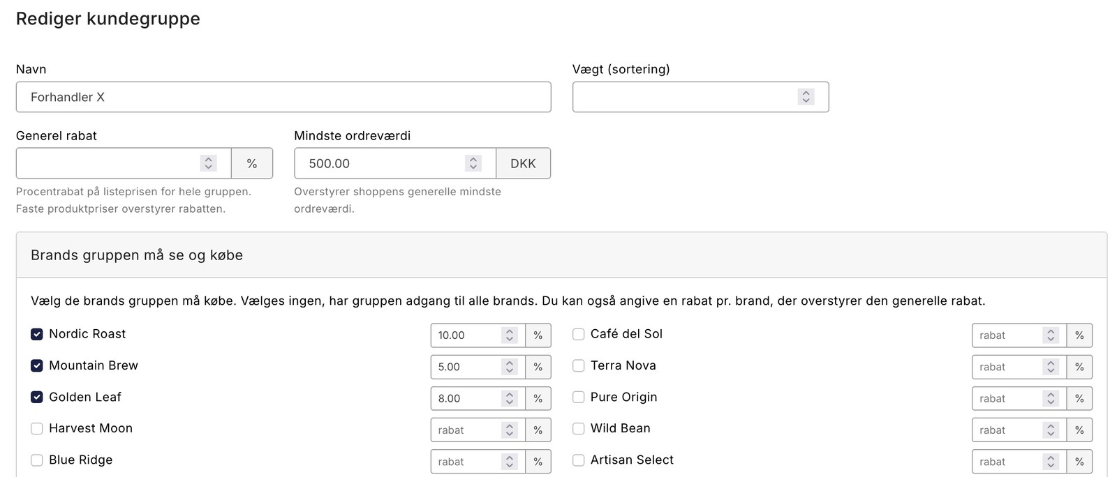 Rediger kundegruppe med rabat, mindste ordreværdi, og brand-adgang