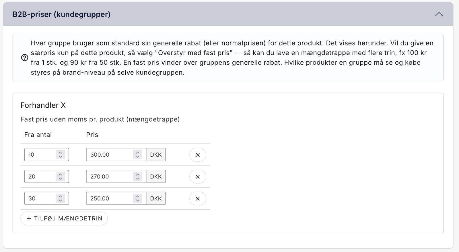 Mængdetrappe med faste B2B-priser pr. produkt