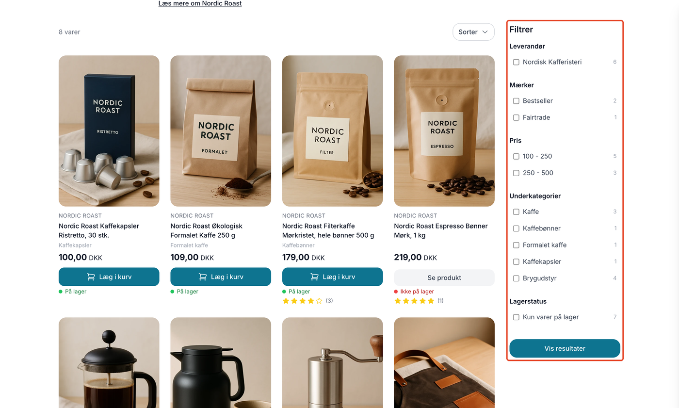 En brandside i Montana med brandets varer i et gitter og det markerede filter til højre med grupperne Leverandør, Mærker (produktlabels som Bestseller og Fairtrade), Pris, Underkategorier, og Lagerstatus.