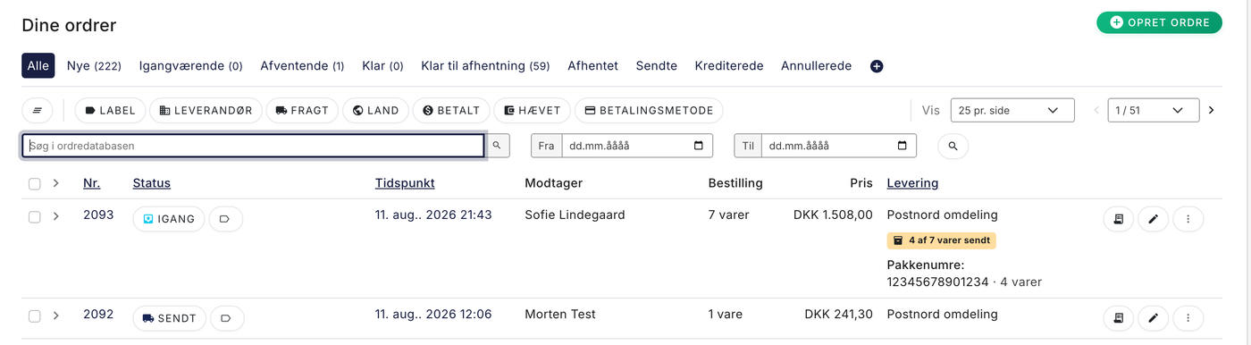 Ordrelisten med mærkatet 4 af 7 varer sendt på en delvist afsendt ordre