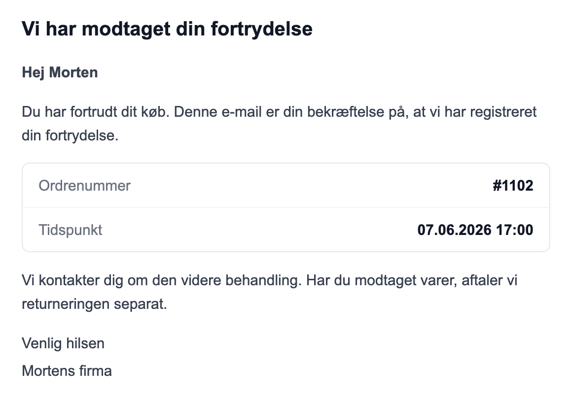 Bekræftelse på din fortrydelse
