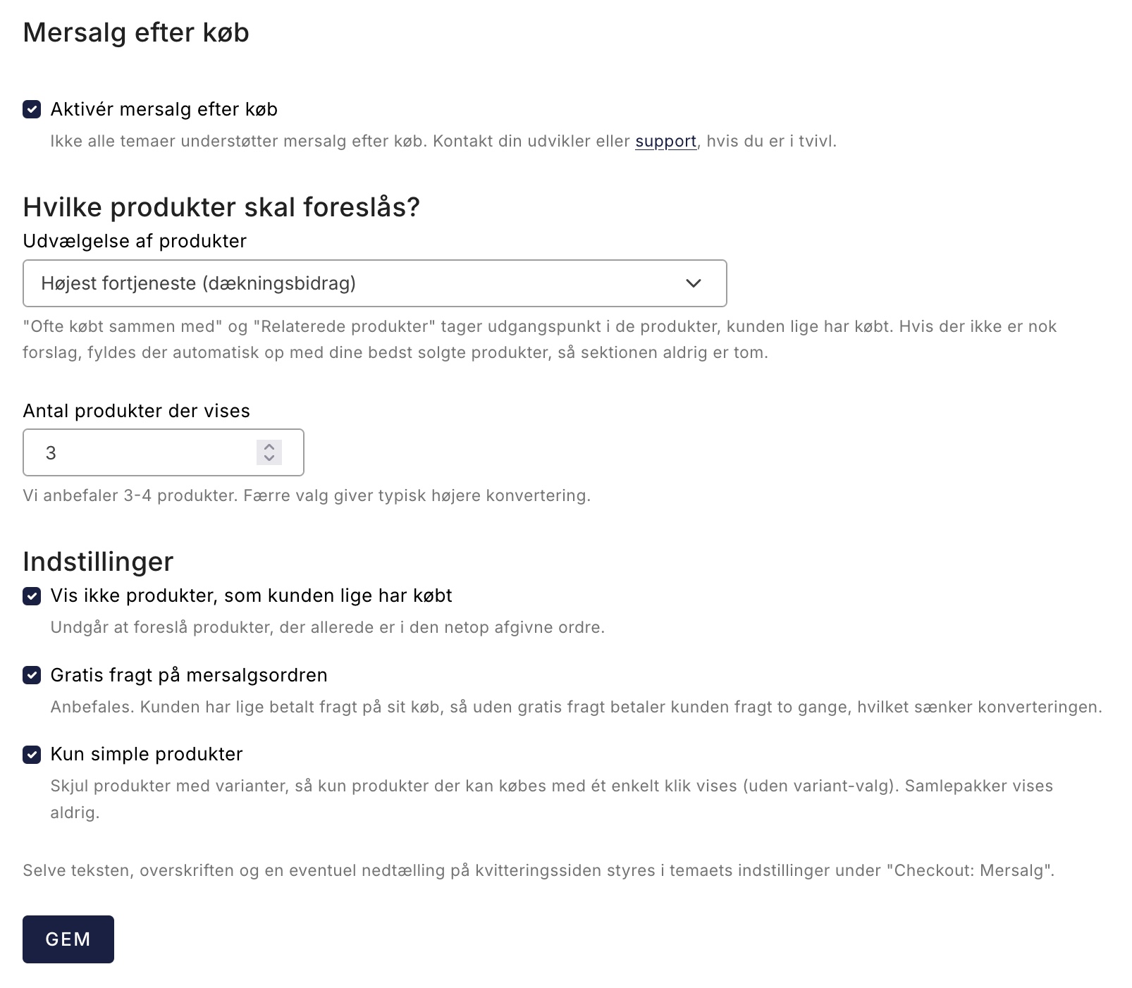 Opsætning af mersalg efter køb i Shoporama-administrationen