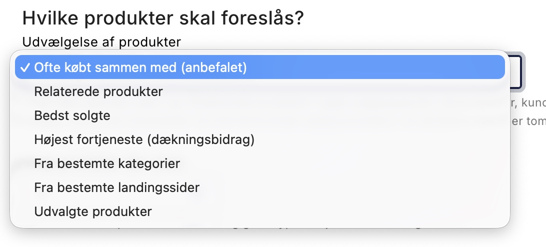 Dropdown med kilder til produktforslag i Shoporama