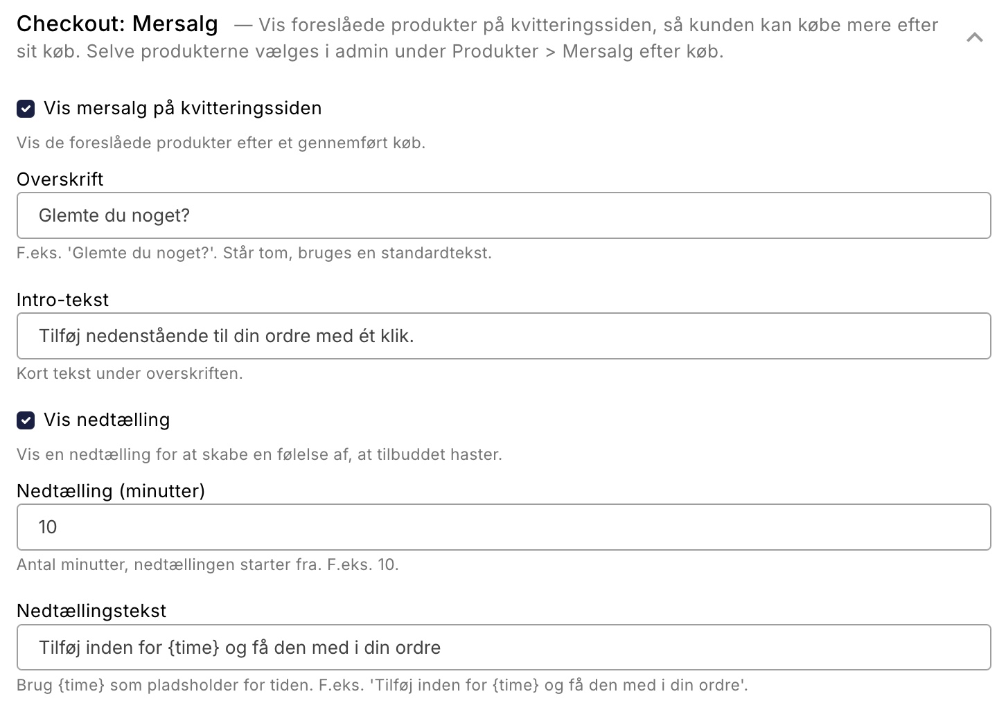 Temaindstillinger for mersalg med overskrift, intro og nedtælling