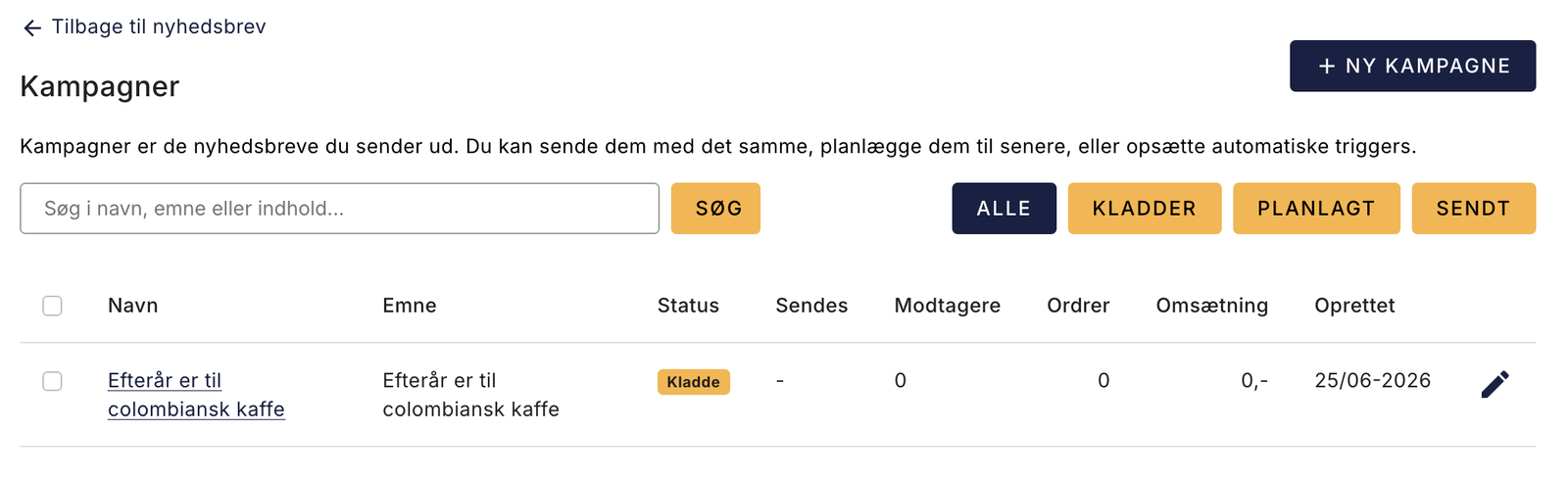 Det AI-byggede nyhedsbrev ligger som kladde i kampagneoversigten