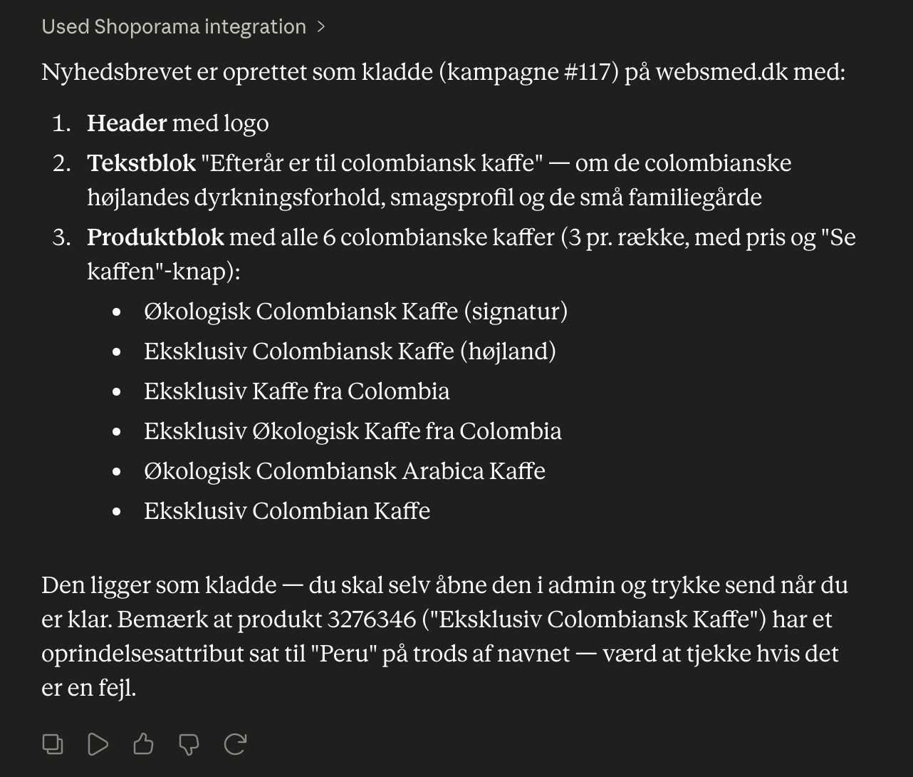 AI'en melder tilbage at nyhedsbrevet er oprettet som kladde, og bemærker en uoverensstemmelse i produktdata
