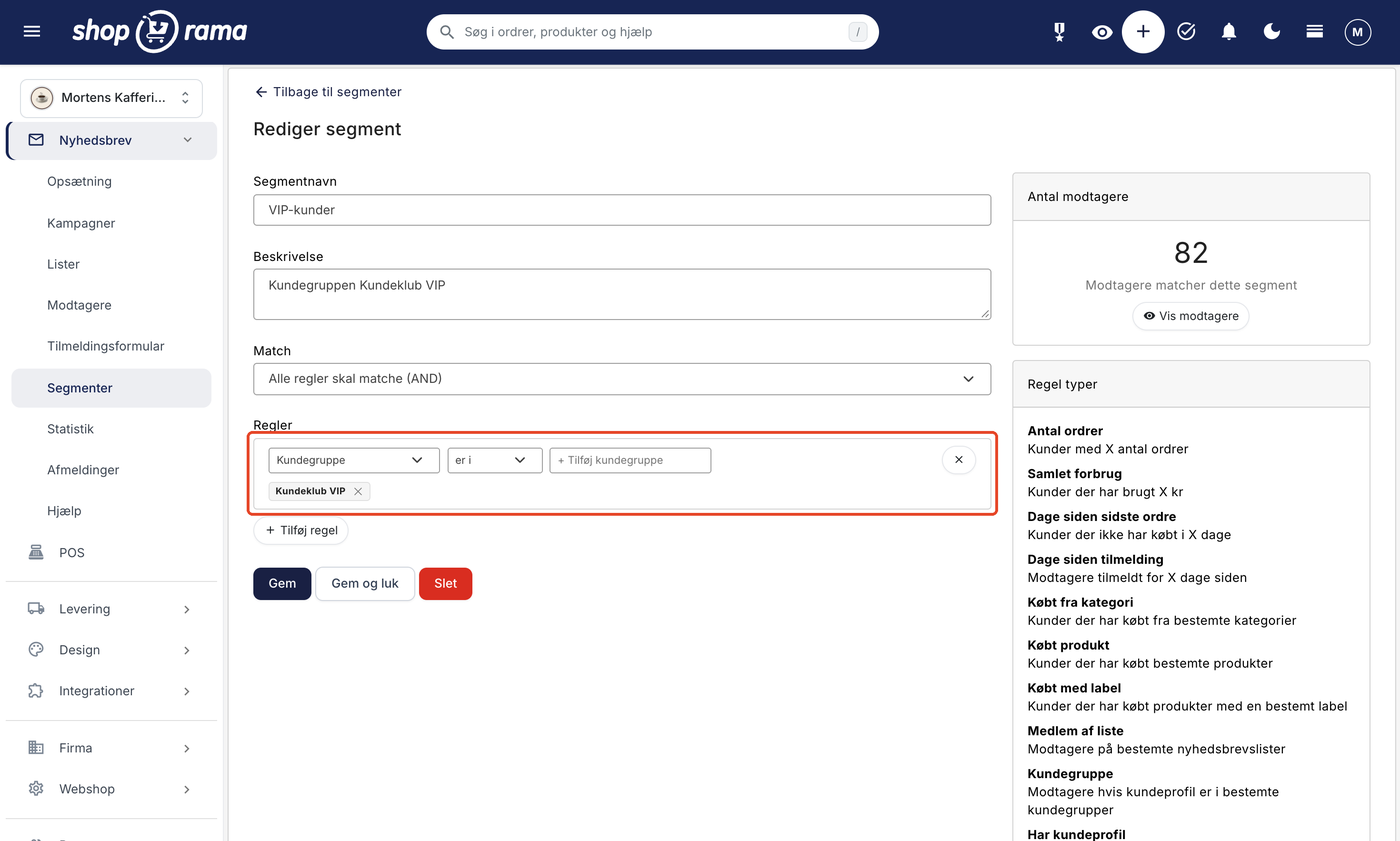 Siden Rediger segment for segmentet VIP-kunder med reglen Kundegruppe sat til er i og gruppen Kundeklub VIP valgt. Kortet Antal modtagere viser 82.