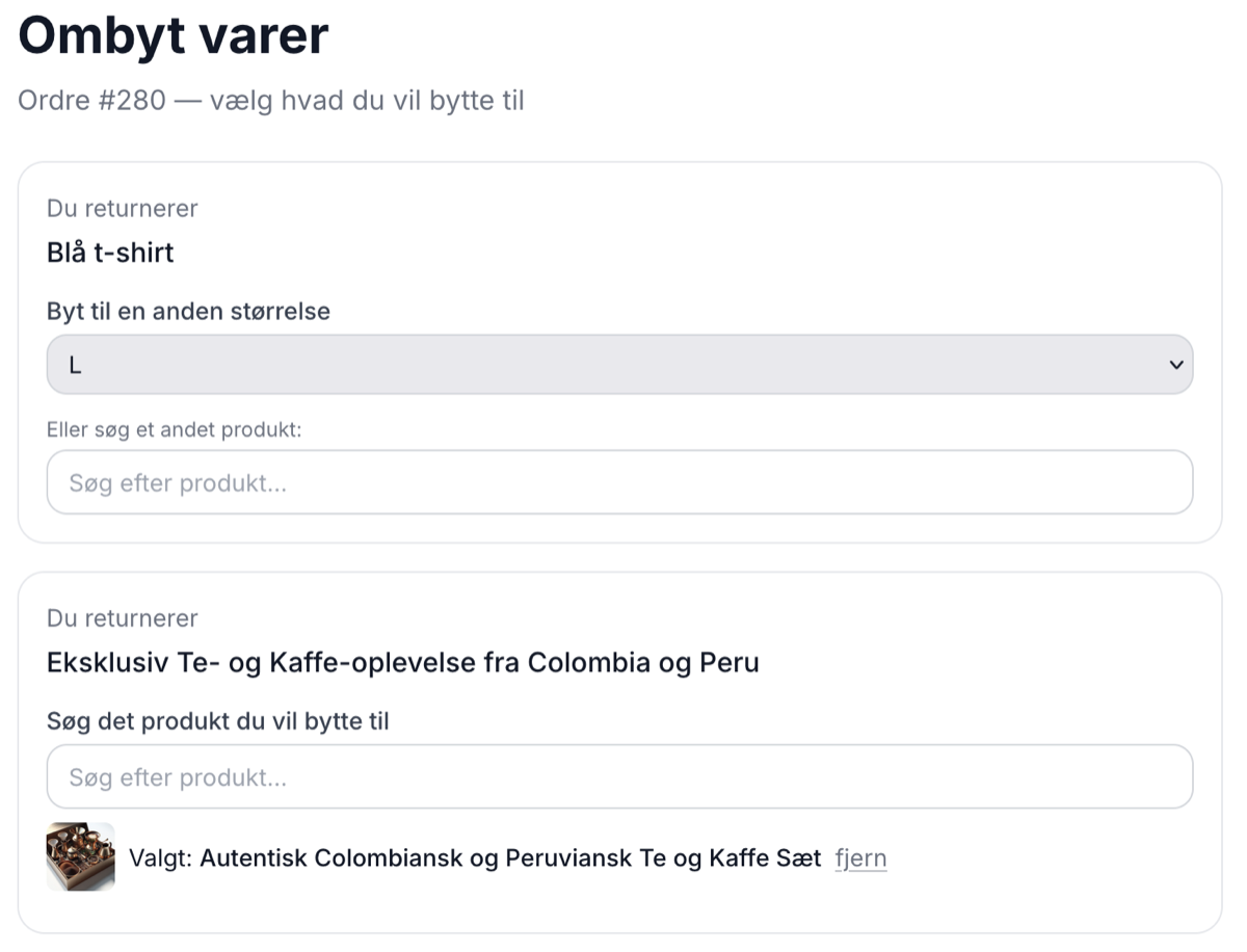 Ombytnings-wizarden med dropdown til at bytte til en anden størrelse, søgefelt til et andet produkt og et valgt produkt