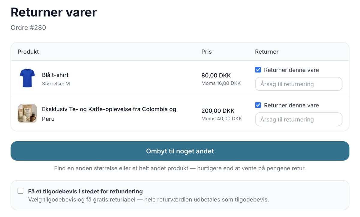 Retursiden med den fremhævede knap Ombyt til noget andet samt mulighed for tilgodebevis i stedet for refundering