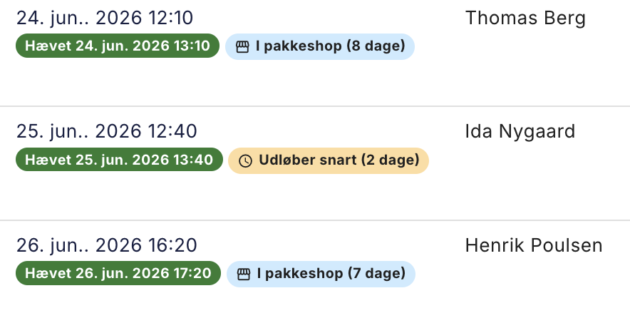 Mærkater der viser antal dage til pakken udløber (fiktive ordrer)
