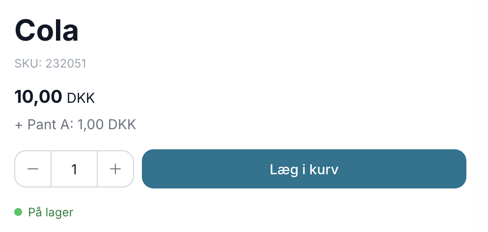 Produktside i webshoppen med en cola til 10,00 DKK, hvor pantbeløbet vises som et hint med + Pant A: 1,00 DKK under prisen