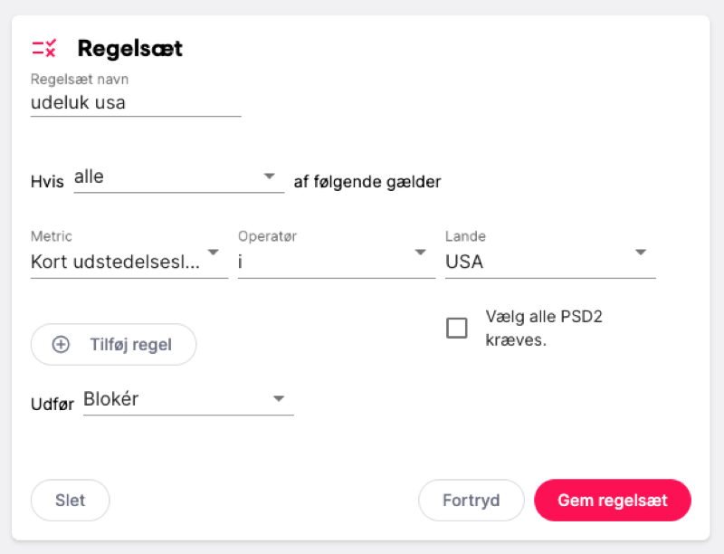 QuickPay Fraud Filter - regelsæt der blokerer betalinger fra kort udstedt i USA
