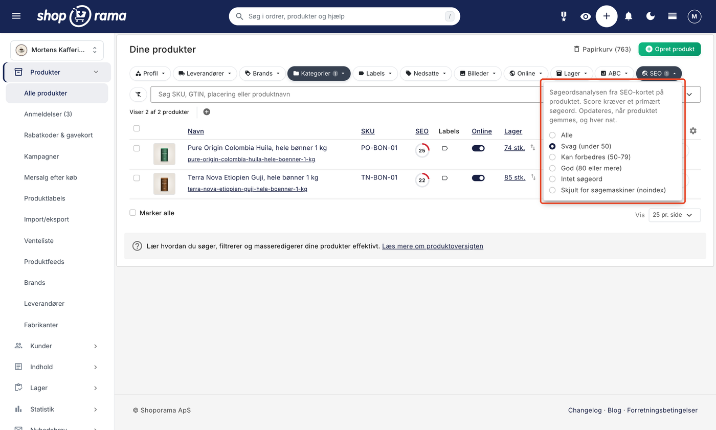 Produktoversigten med filteret Kategorier valgt og filteret SEO foldet ud, hvor Svag (under 50) er valgt, så kun Pure Origin Colombia Huila med scoren 25 og Terra Nova Etiopien Guji med scoren 22 vises