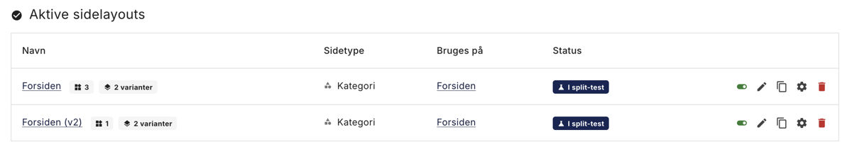To forside-varianter i Shoporama-admin med 'I split-test'-badges