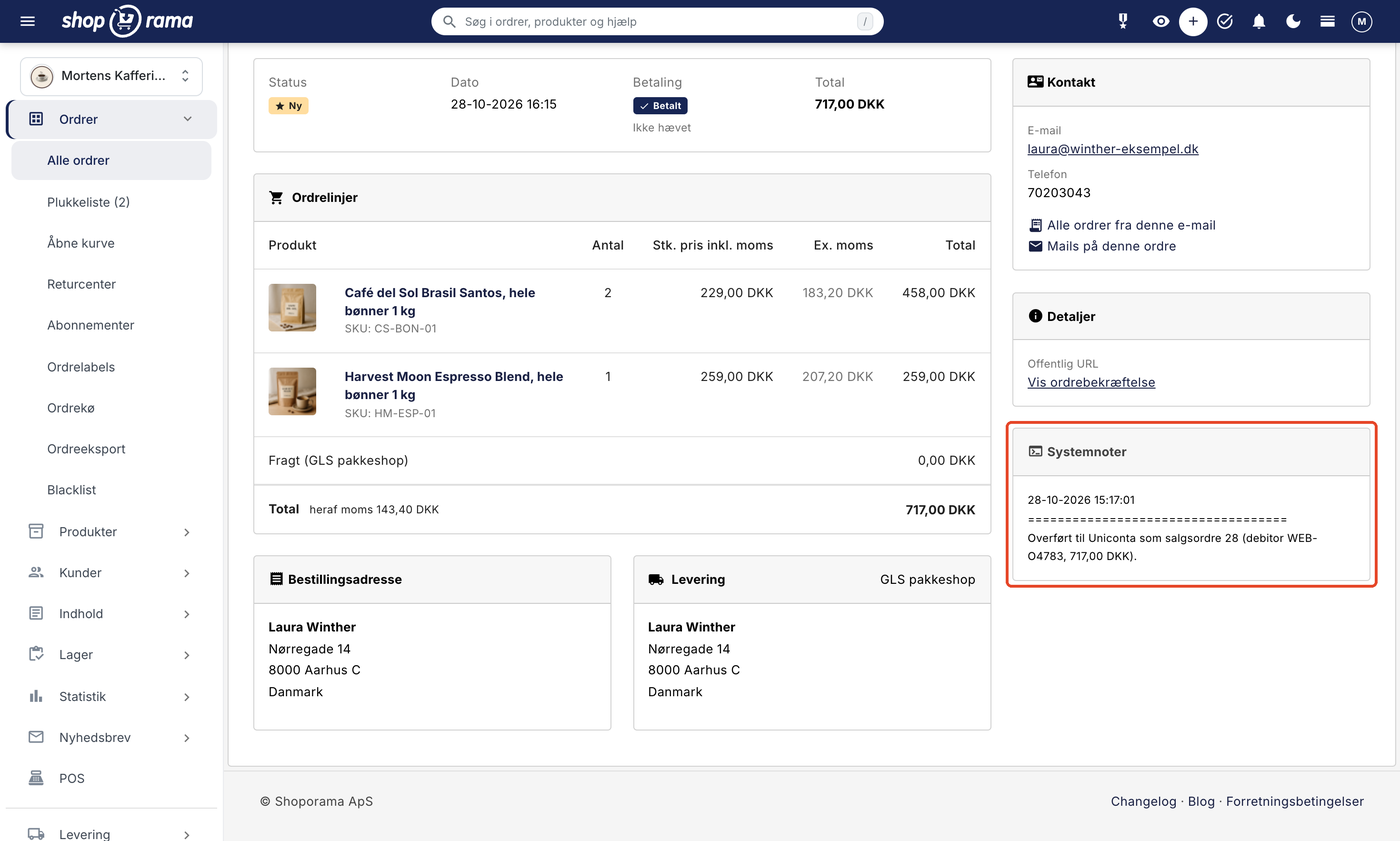 En ordre i Shoporama med kortet Systemnoter markeret. Noten siger Overført til Uniconta som salgsordre 28 (debitor WEB-O4783, 717,00 DKK).