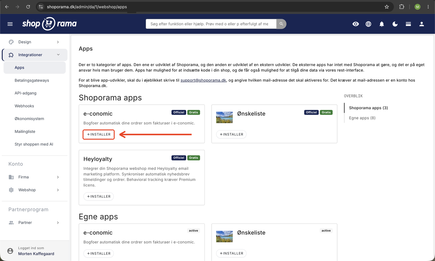 e-conomic-appen i Shoporamas app-oversigt under Integrationer med Installer-knappen markeret, klar til at aktivere automatisk bogføring af ordrer.