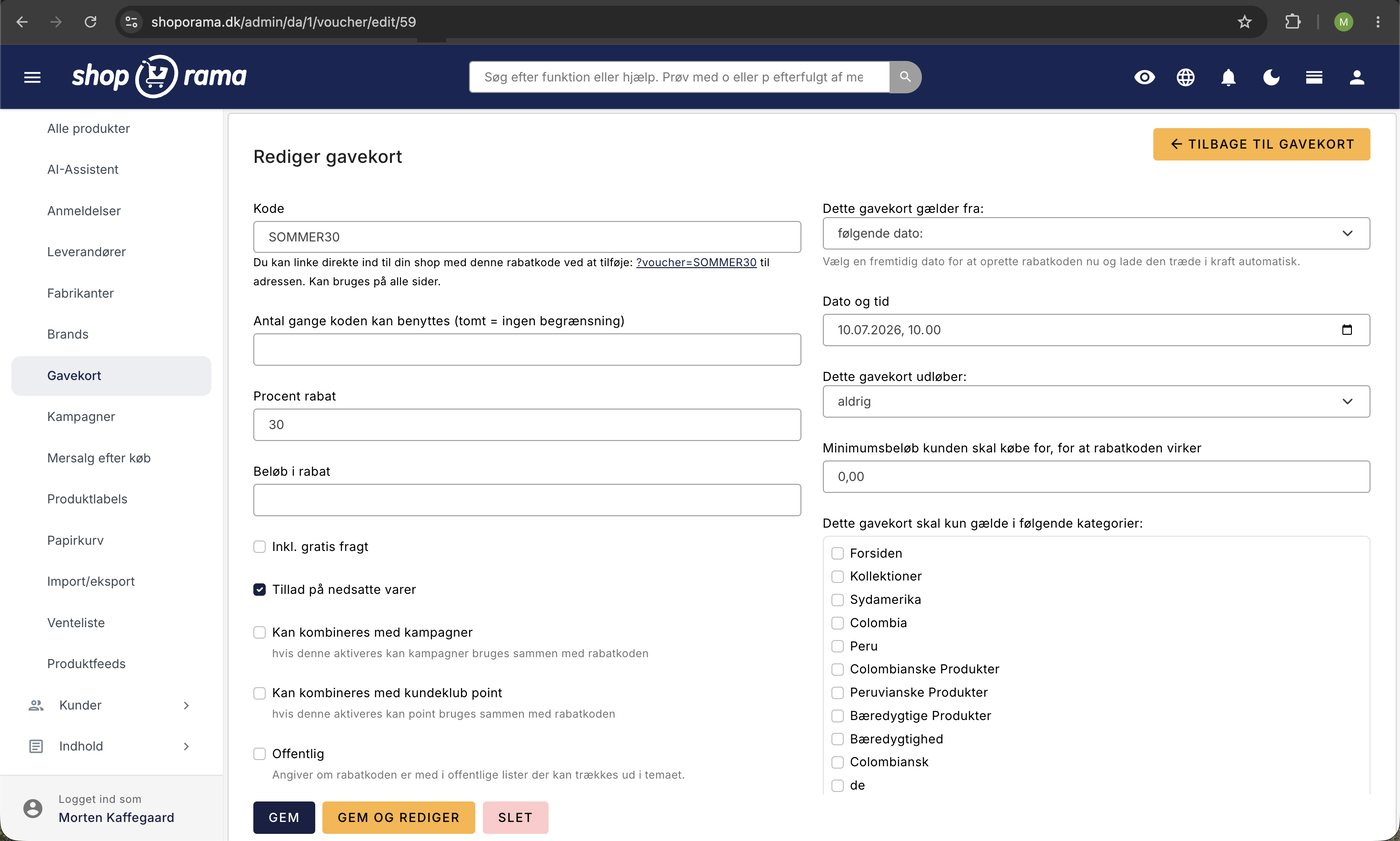 Gavekort-editoren med rabatkoden SOMMER30 på 30% rabat, felter for gyldighed, minimumsbeløb, kategori-begrænsning, og direkte link med ?voucher=