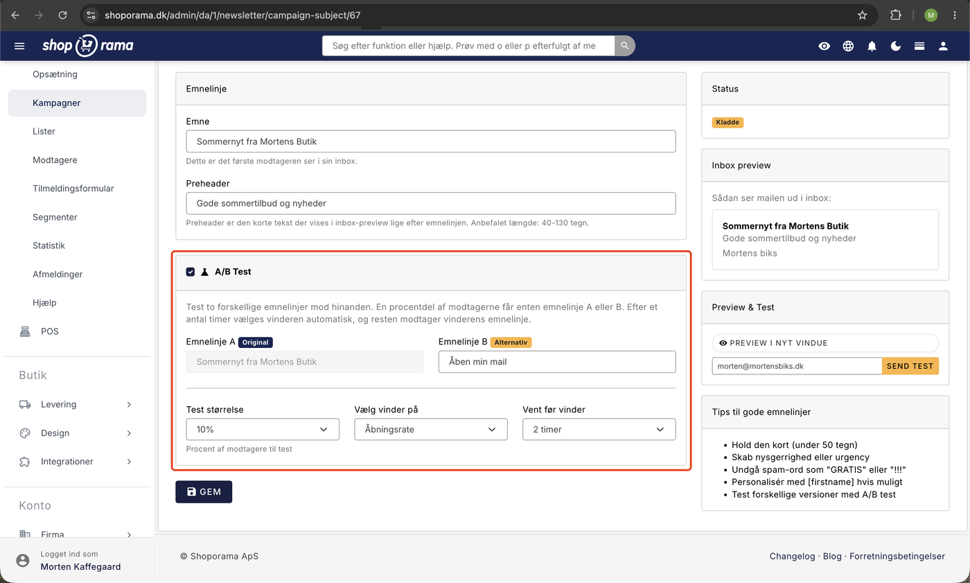 A/B-test af to emnelinjer med testandel på 10 procent, vinderkriterie åbningsrate, og ventetid på to timer, samt felter til emne og preheader