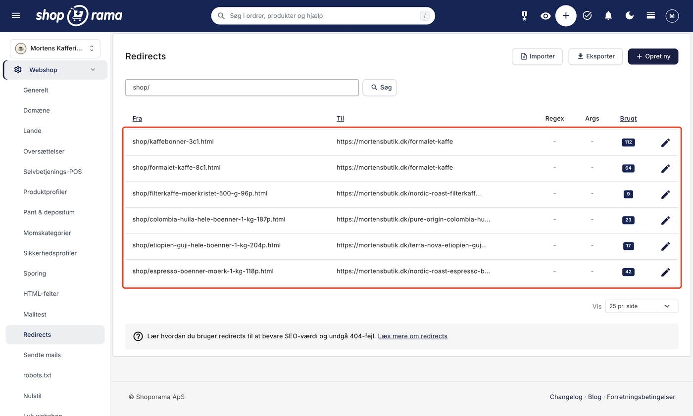 Redirect-listen i Shoporama med gamle DanDomain-adresser, der peger på nye produkt- og kategorisider