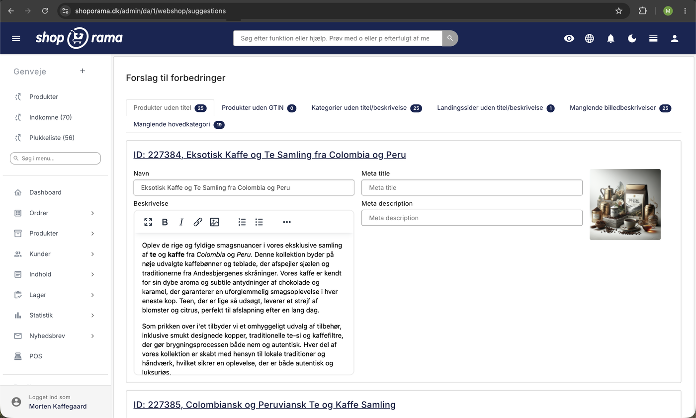 SEO-forslag i Shoporama med faner for produkter uden titel, uden GTIN, kategorier, landingssider, manglende billedtekst, og hovedkategori