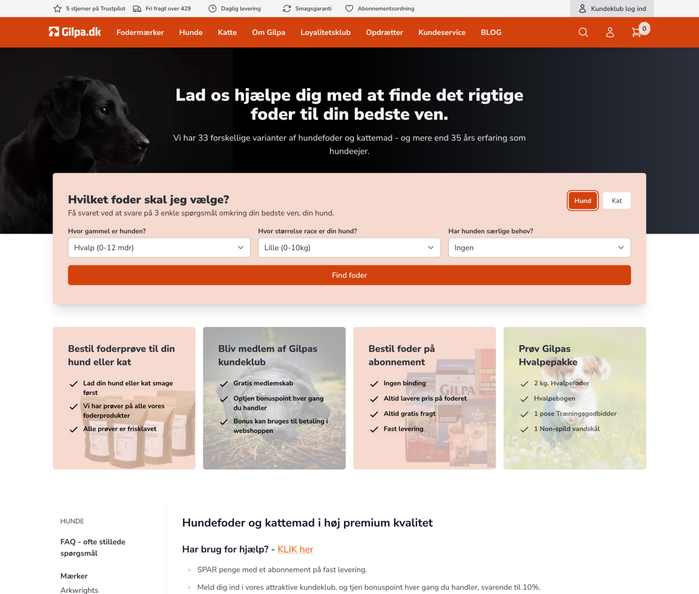 Gilpa.dk forside med foderguide, abonnement og loyalitetsklub