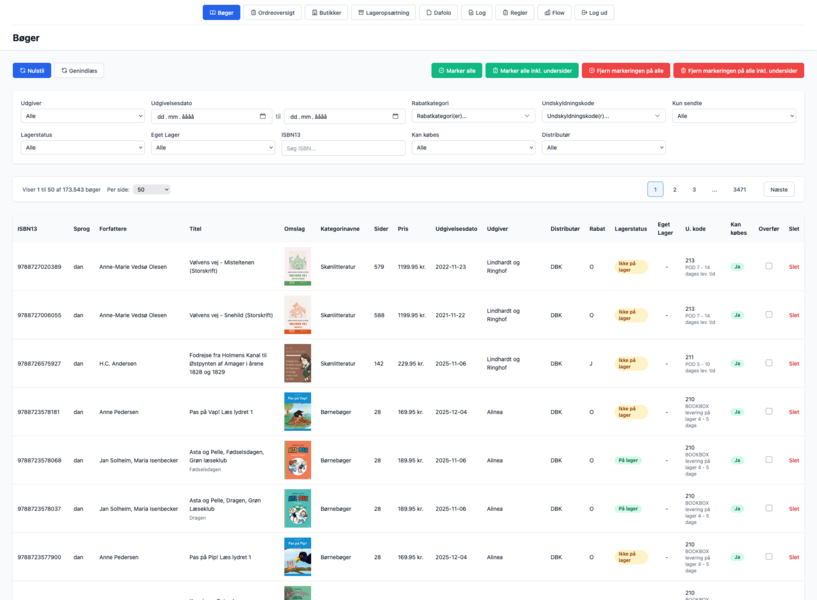 Konturs interne admin: bog-katalog med over 170.000 titler, filtre på distributør, lager og rabatkategori