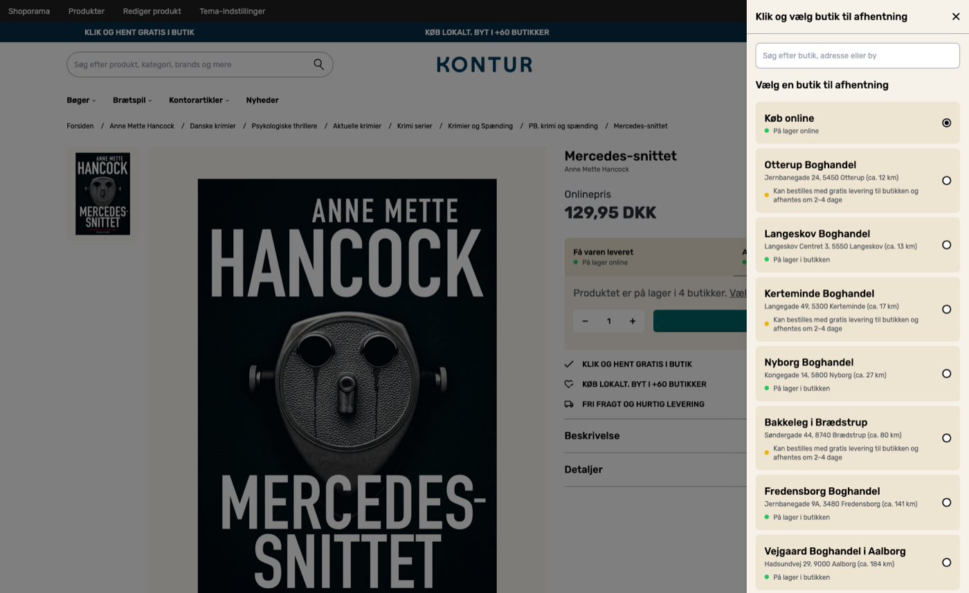 Klik og hent på Kontur.dk: kunder vælger lokal boghandel til afhentning af Mercedes-snittet med live lagerstatus pr. butik