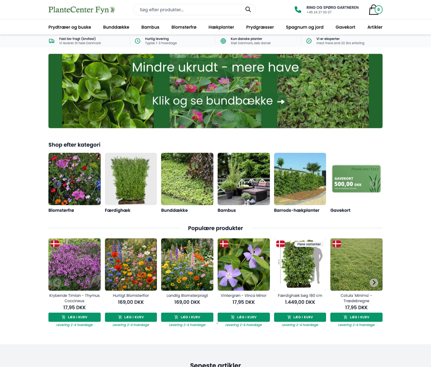 PlanteCenter Fyn forside med dansk-producerede haveplanter, hækplanter og blomsterfrø