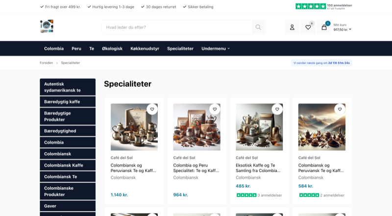 Webshop kategoriside — mørkt tema