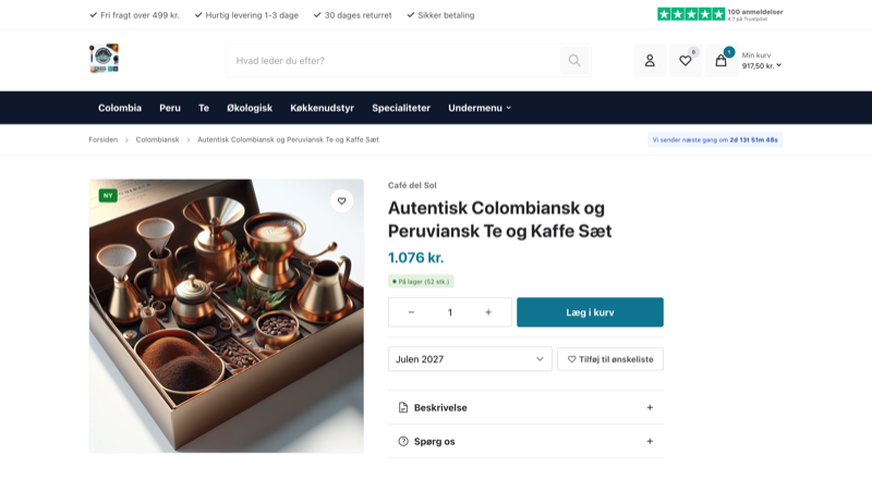 Webshop produktside — mørkt tema
